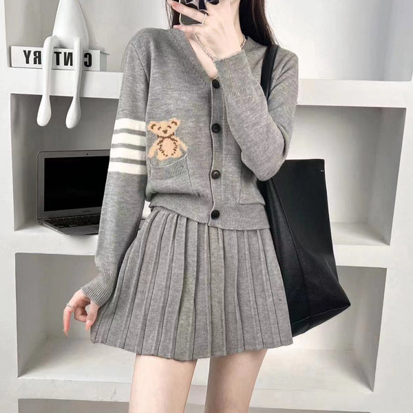 Bear Knitted Cardigan Top Paired With Pleated Skirt Set
