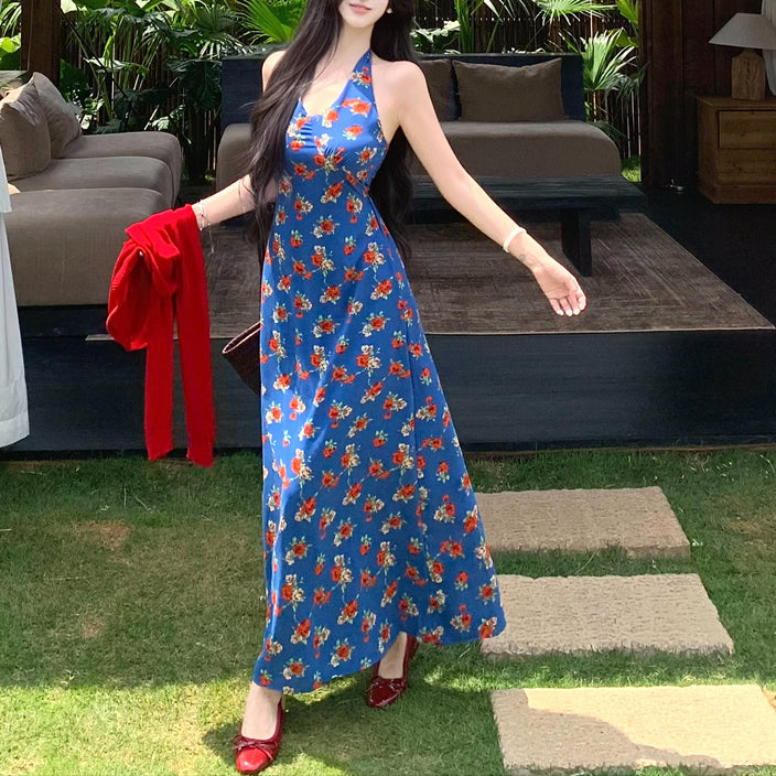 V-neck retro floral polka dot halter dress