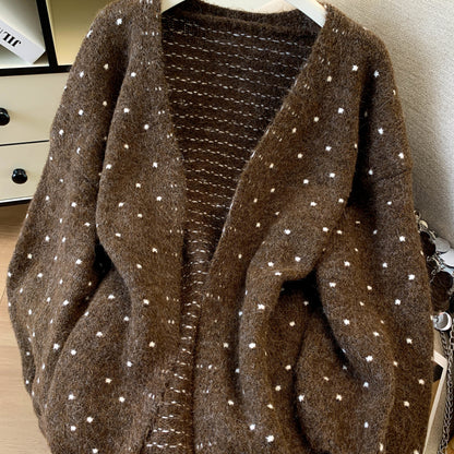 Loose-Fit Polka-Dot Knit Cardigan