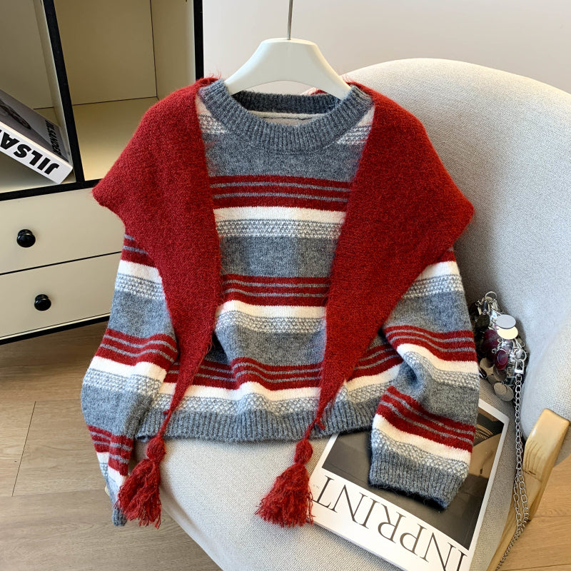Stylish Striped Loose Knit Pullover (Shawl Included)
