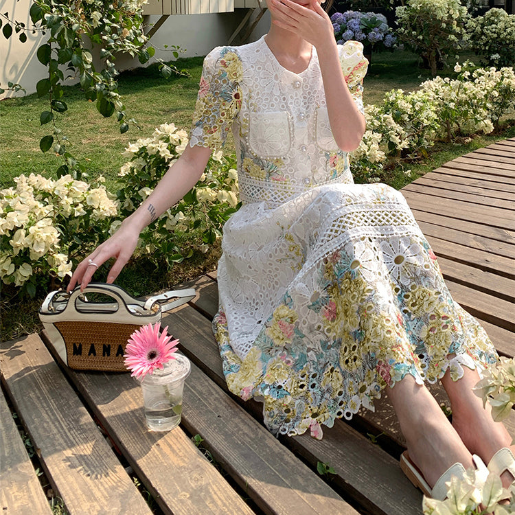Lace Floral Puff Sleeve Skirt Set