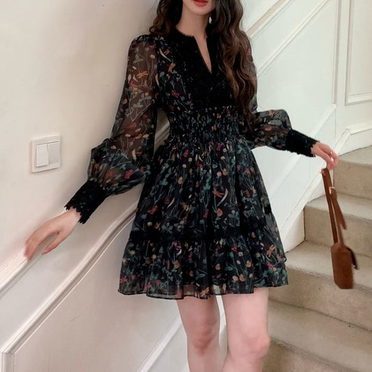 Retro Floral Print Lace Waist-Cinching Dress