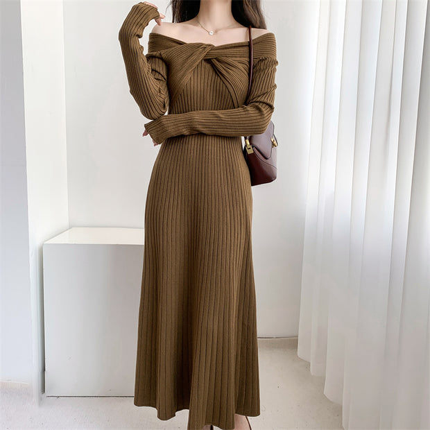 Braided off-the-shoulder high-waist knitted dress