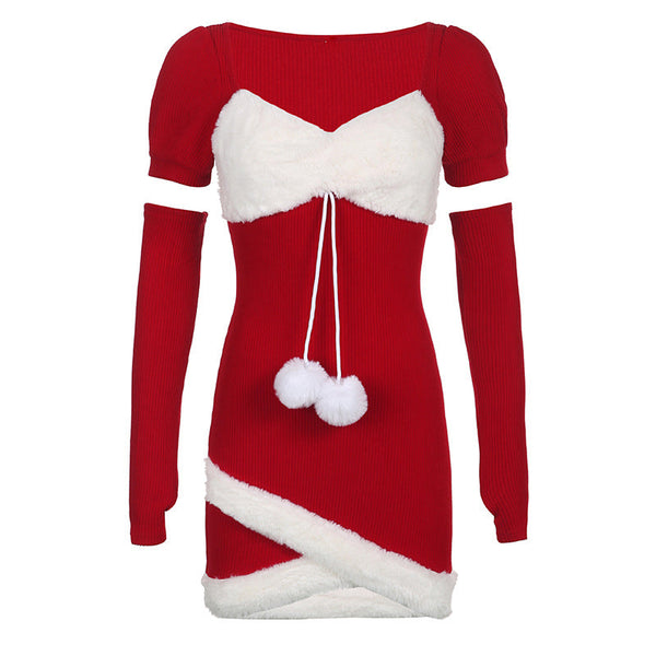 70% Fluffy Patchwork V-Neck Puff Sleeve Christmas Dress