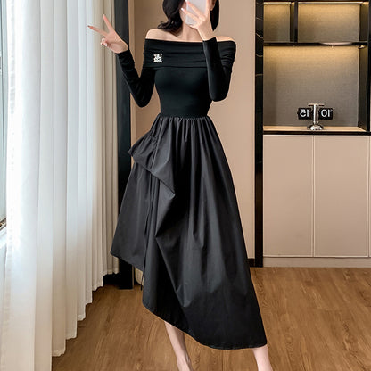 Off-The-Shoulder French-Style Fitted Black Dress
