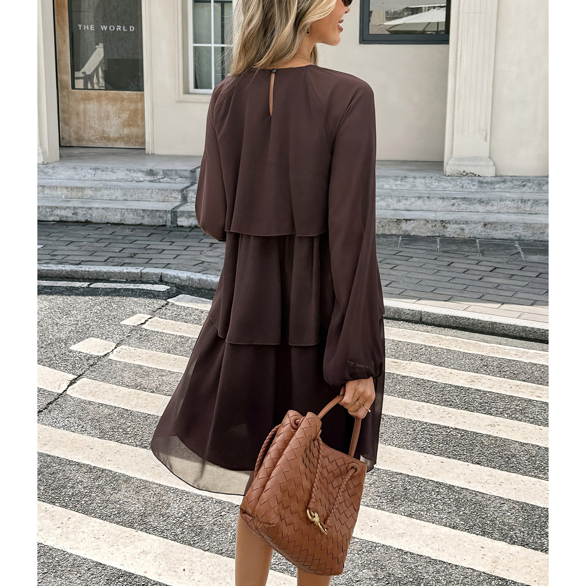Round Neck Ruffled Long Sleeve Dress