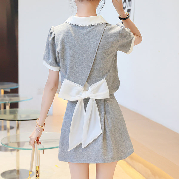 Back Bow Doll Collar Top Pleated Skirt Set
