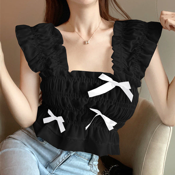 70% Bow Stretch Fungus-Trimmed Crinkled-Chiffon Top