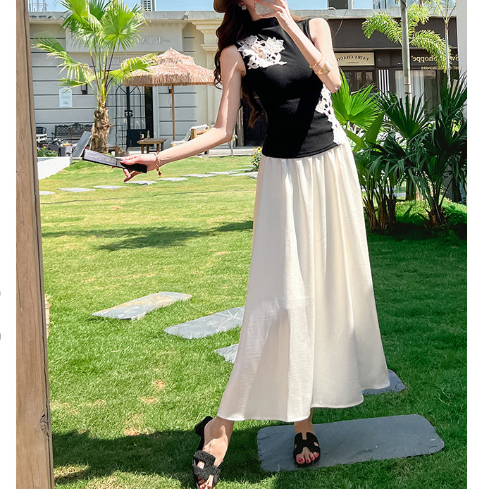 Sleeveless Knitted Lace-Trimmed Top And High-Waisted Skirt Two-Piece Set
