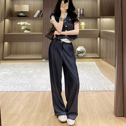 Tencel Denim Vest And Wide-Leg Pants Two-Piece Set