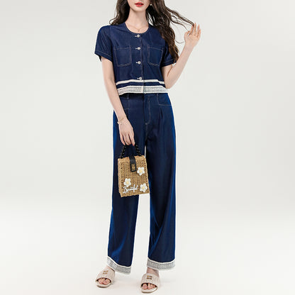 Fashionable Lace-Trimmed Tencel Denim Suit