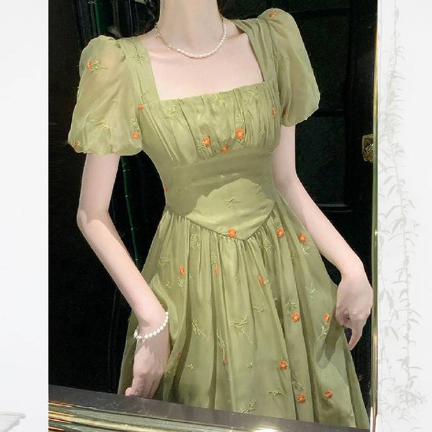 Square neck chiffon neck puff sleeve long dress