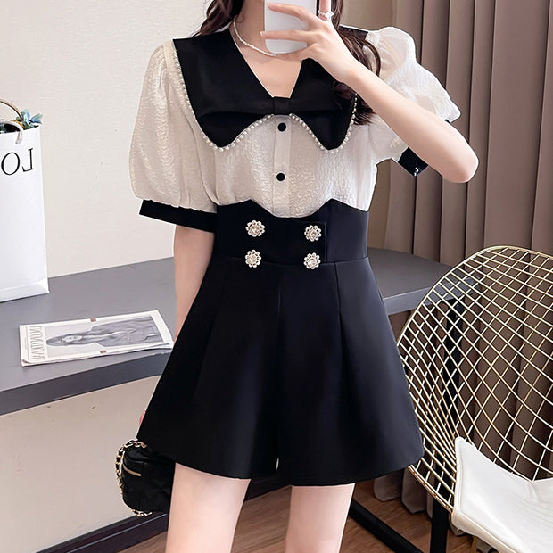 Contrasting color top high waist wide leg shorts set