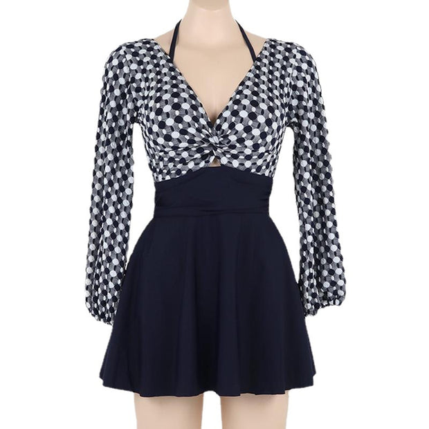 V-neck twist long-sleeve one-piece swimsuit