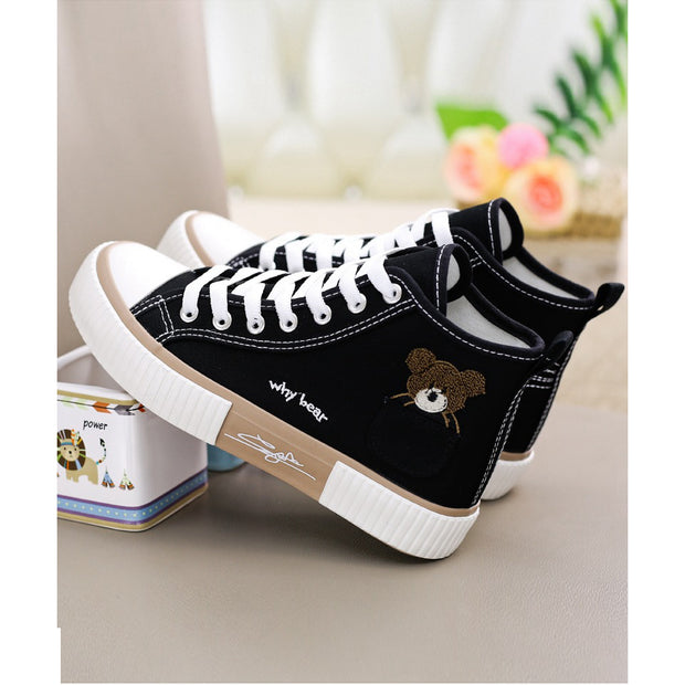 Embroidered bear high-top casual canvas shoes