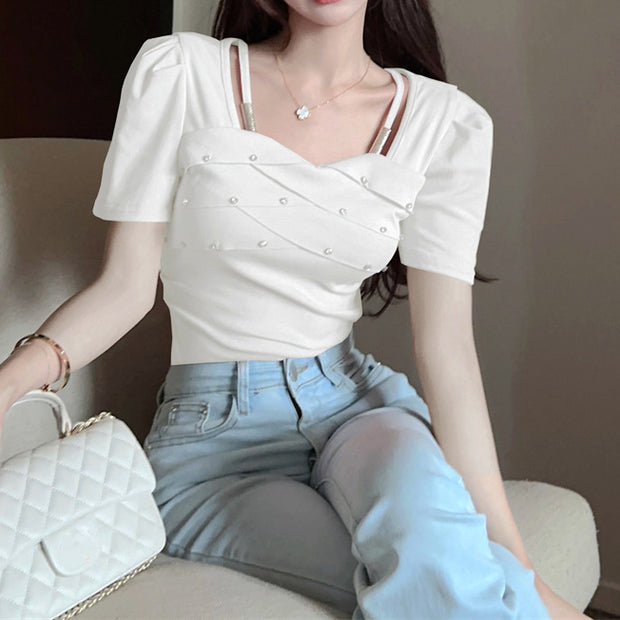 Diamond embellished ruched puff sleeve slim top
