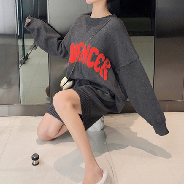 Letter loose sweater elastic waist shorts set