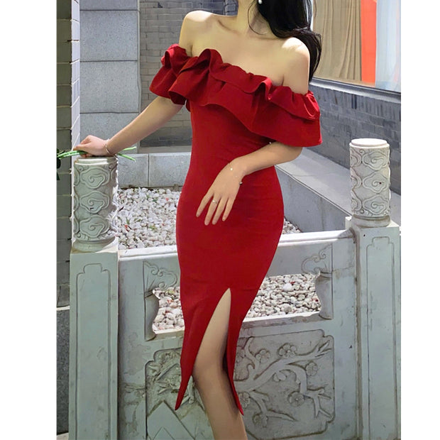 Nipped-waist ruffle off-the-shoulder slit prom dress