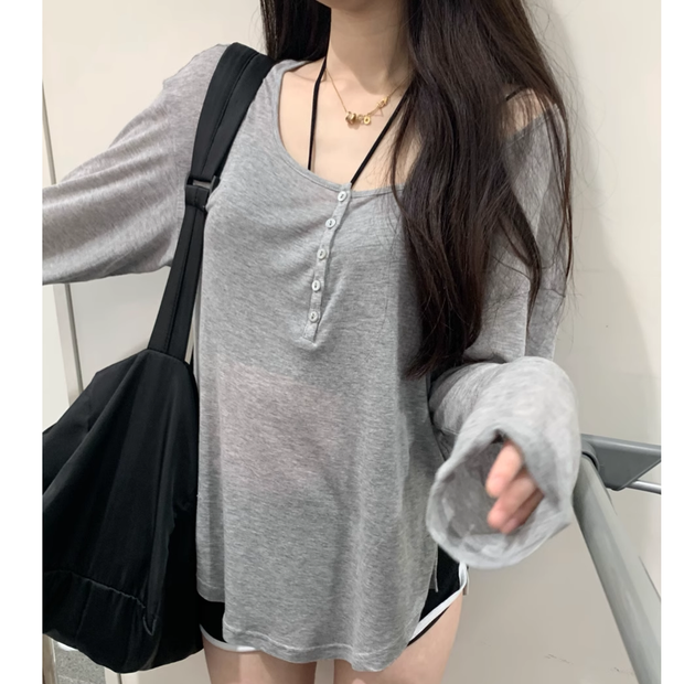 V-neck button loose long-sleeved t-shirt vest set
