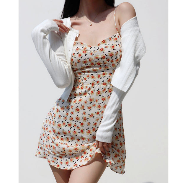 V-neck high waist slim waist floral strap dress