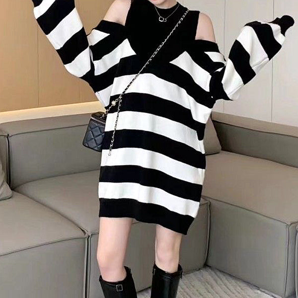 Fake Two-Piece Off-Shoulder Striped Loose Sweater