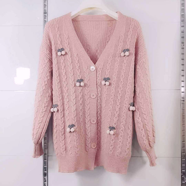 Cherry Lace Round Neck Button Knit Cardigan