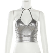 Halter neck strapless backless silver cropped top