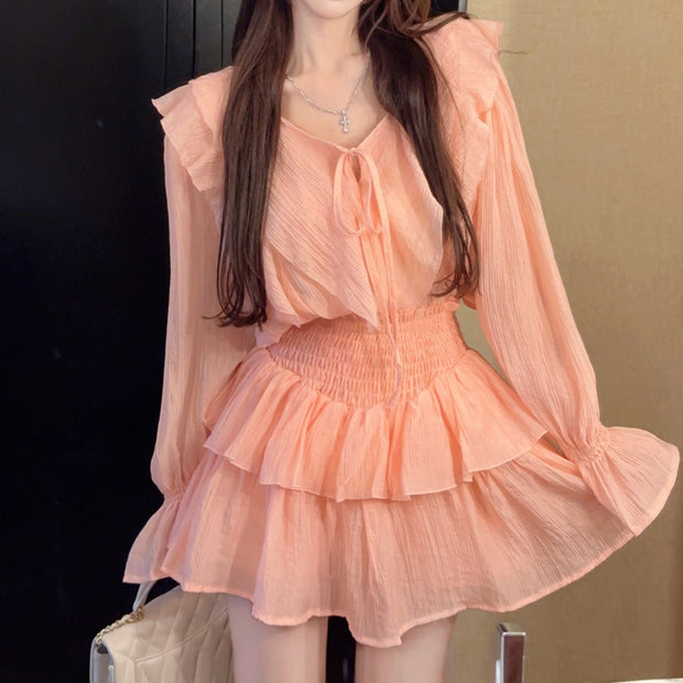 Trumpet sleeve tie shirt high waist cake skirt set