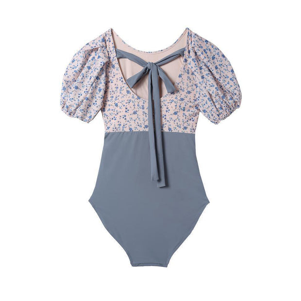 Puff-sleeved open-back floral one-piece swimsuit