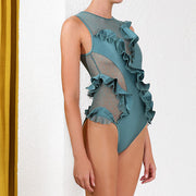 Polka-dot mesh ruffle one-piece swimsuit