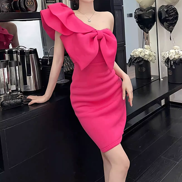One shoulder bow ruffle bodycon dress