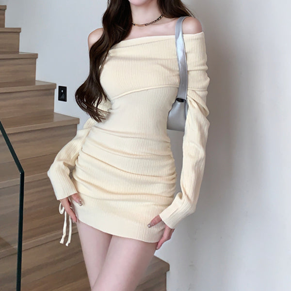 Long-Sleeved Drawstring Pleated Bodycon Knitted Dress