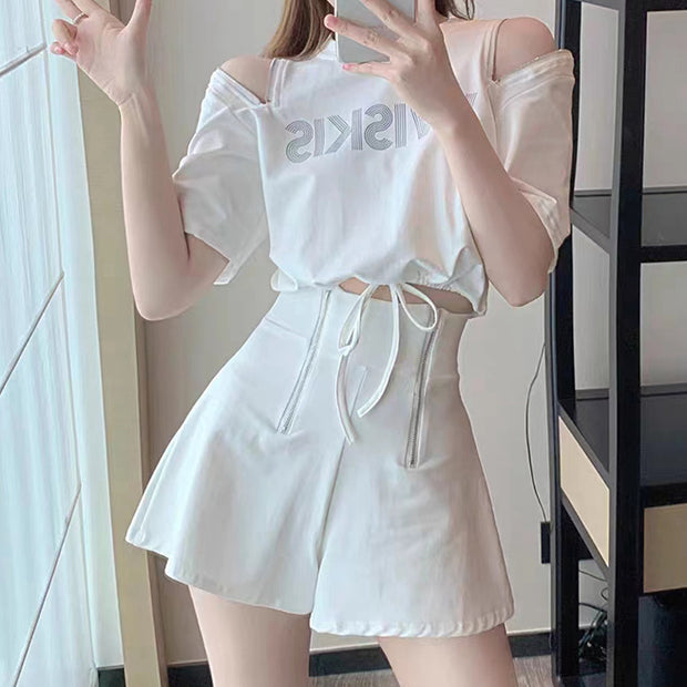 Off-the-shoulder zipper t-shirt wide-leg shorts set