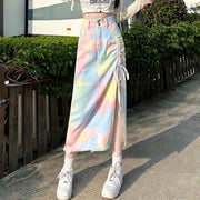 Multicolored tie-dye drawstring slit denim skirt