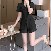 Buckle short sleeve blazer top high waist shorts set