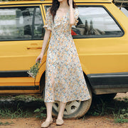 V-neck twisted puff sleeve slit waist floral dress