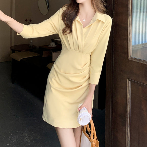 Solid Pleated Long Sleeve Bodycon Dress