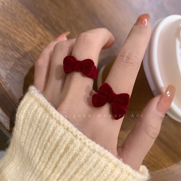 Red Flocked Bow Index Finger Ring