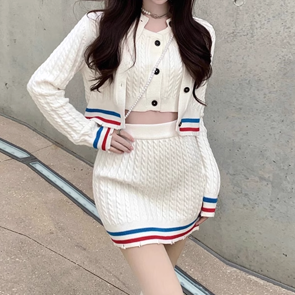 Striped Cardigan Buttoned Knitted Vest Skirt Set