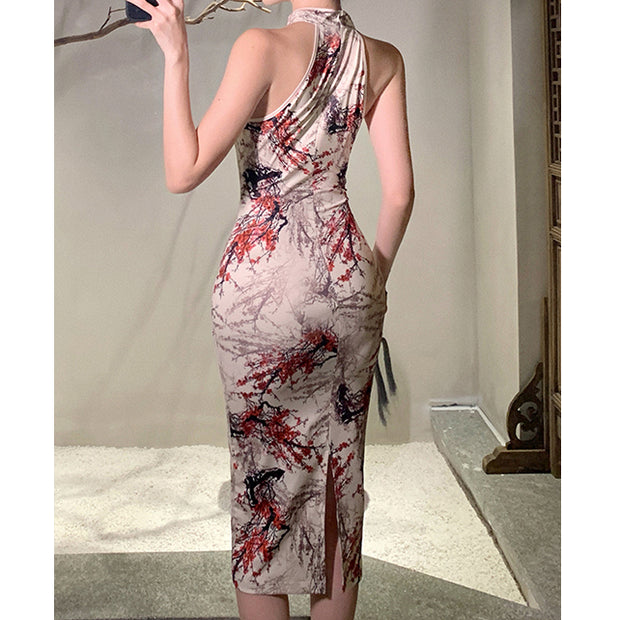 Hollow sleeveless slit national style qipao dress
