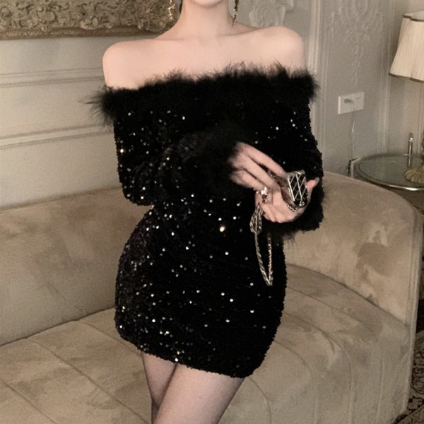 Sparkling Sequin One-Line Collar Bodycon Black Feather Dress
