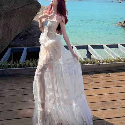 Vacation Lace Mesh Halter Neck Backless Dress