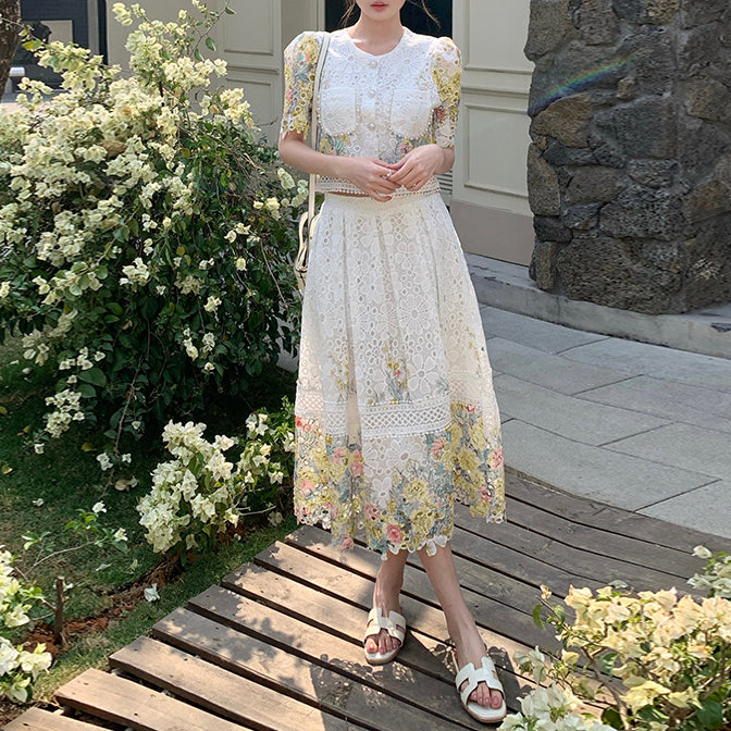 Lace Floral Puff Sleeve Skirt Set