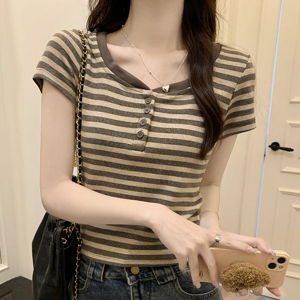 Striped Crew Neck Buttoned Slim Fit T-Shirt Top