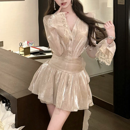 Two-Piece Set of Shimmering Satin Lace-Sleeved Shirt and Skirt