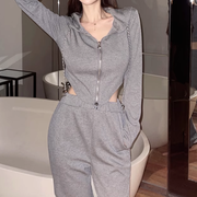 Zipper hooded irregular top casual pants set