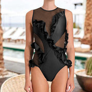 Polka-dot mesh ruffle one-piece swimsuit