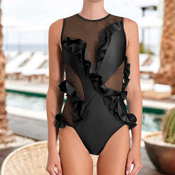 Polka-dot mesh ruffle one-piece swimsuit