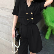 Short-sleeved v-neck suit jacket top wide-leg shorts set