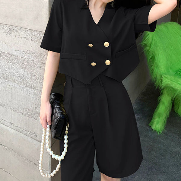 Short-sleeved v-neck suit jacket top wide-leg shorts set